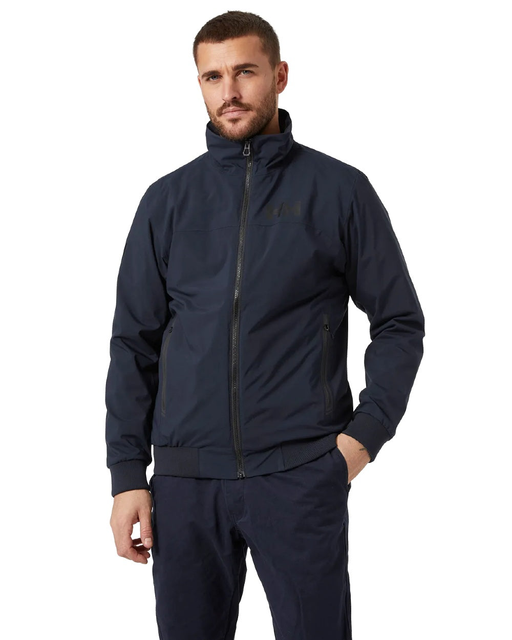 Navy coloured Helly Hansen Mens HP Racing Lifaloft Bomber Jacket on white background