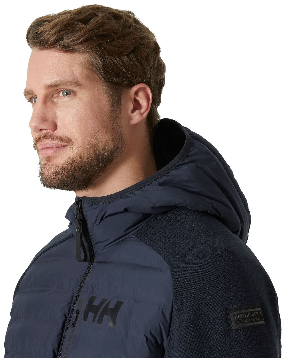 Navy coloured Helly Hansen Mens Arctic Ocean Hybrid Insulator Jacket on white background
