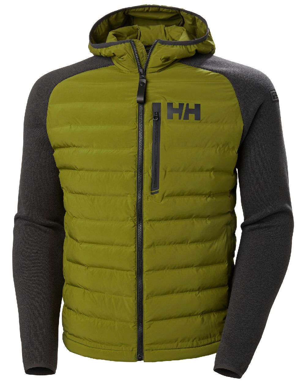 Olive Green coloured Helly Hansen Mens Arctic Ocean Hybrid Insulator Jacket on white background