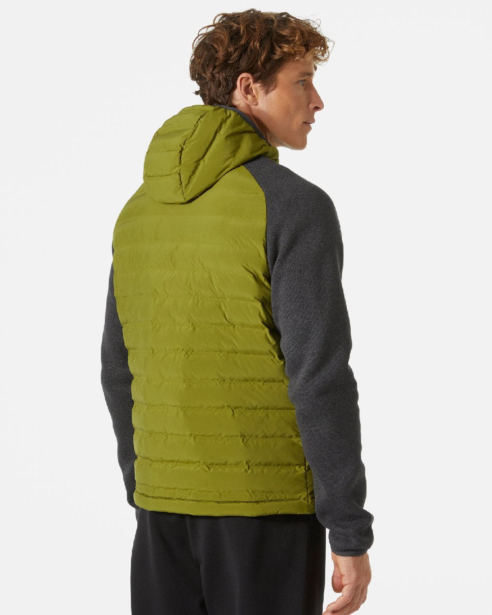 Olive Green coloured Helly Hansen Mens Arctic Ocean Hybrid Insulator Jacket on grey background