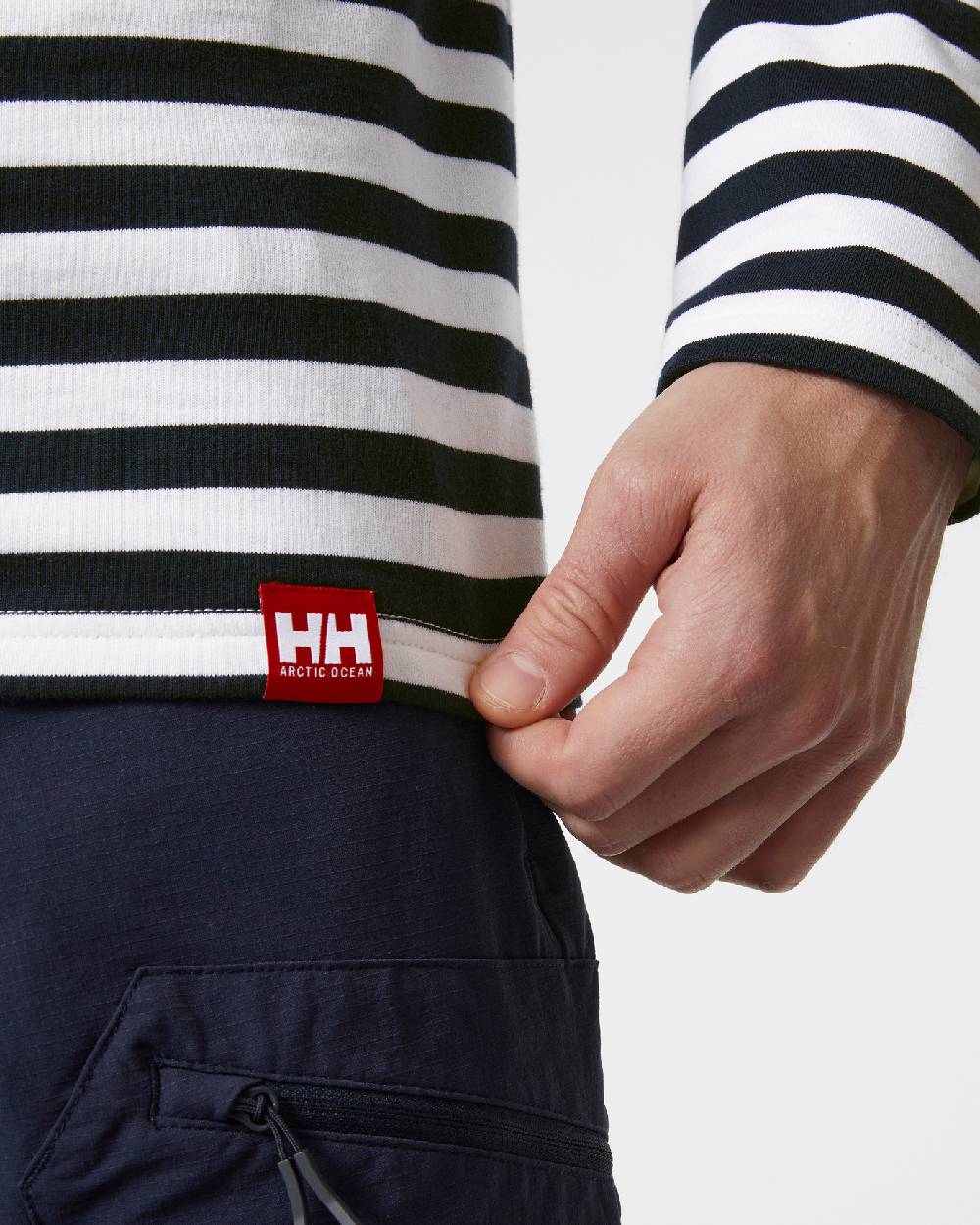 Navy Stripe coloured Helly Hansen Mens Arctic Ocean Long Sleeve T-Shirt on grey background