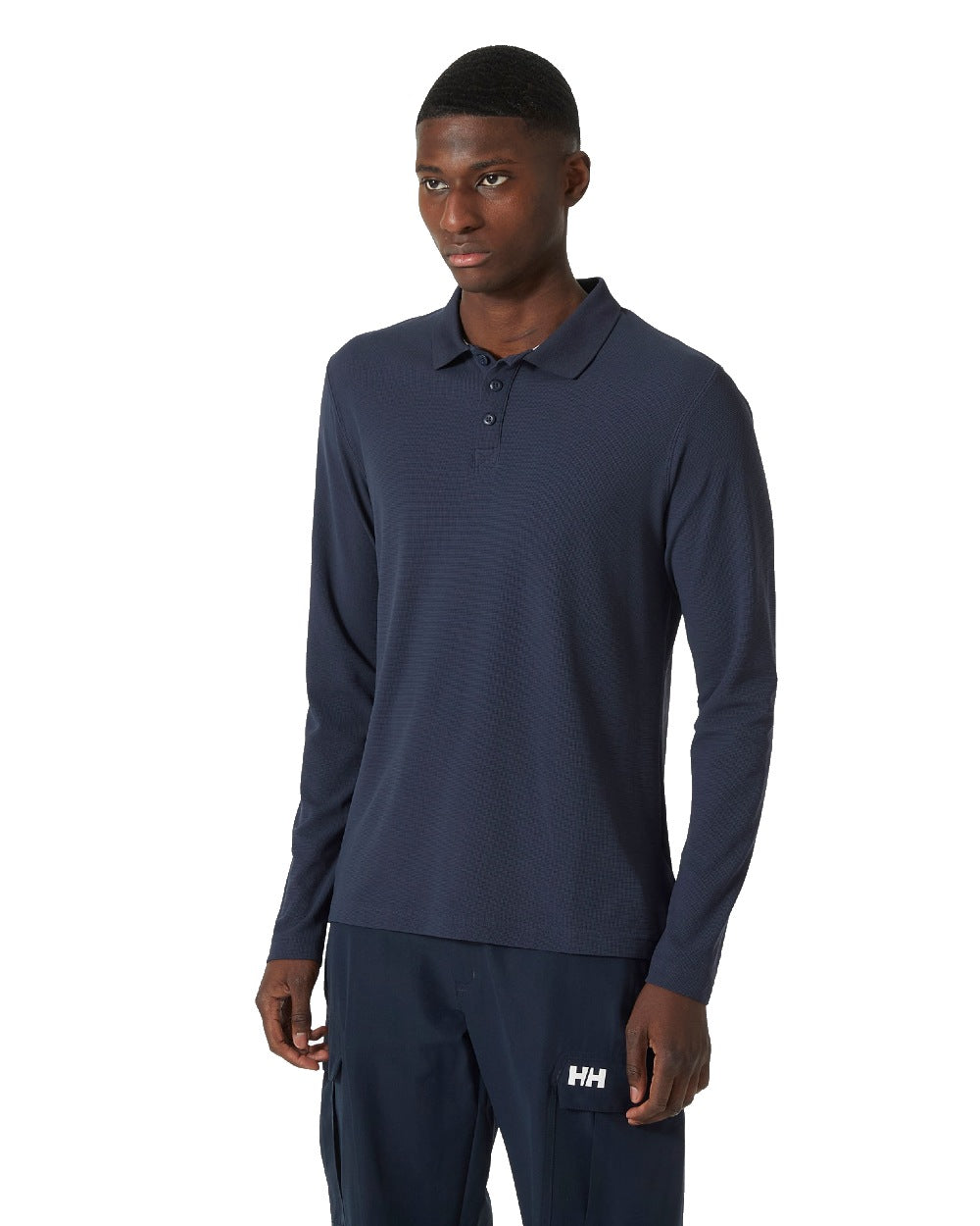 Navy coloured Helly Hansen Mens Crewline Long Sleeves Polo Shirt on white background 