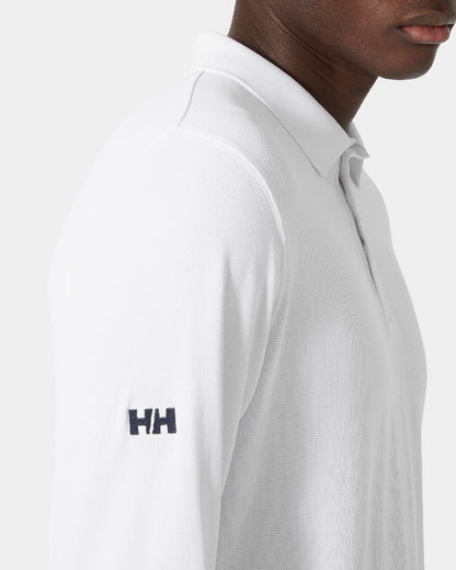 White coloured Helly Hansen Mens Crewline Long Sleeves Polo Shirt on grey background 