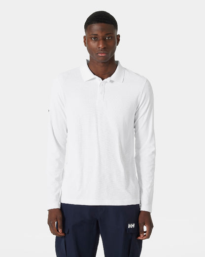 White coloured Helly Hansen Mens Crewline Long Sleeves Polo Shirt on grey background 