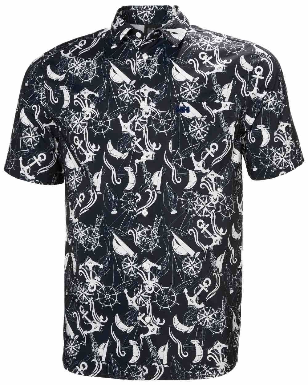 Navy Nautical Aop Coloured Helly Hansen Mens Fjord Quick Dry Short Sleeve Shirt 2.0 on White Background