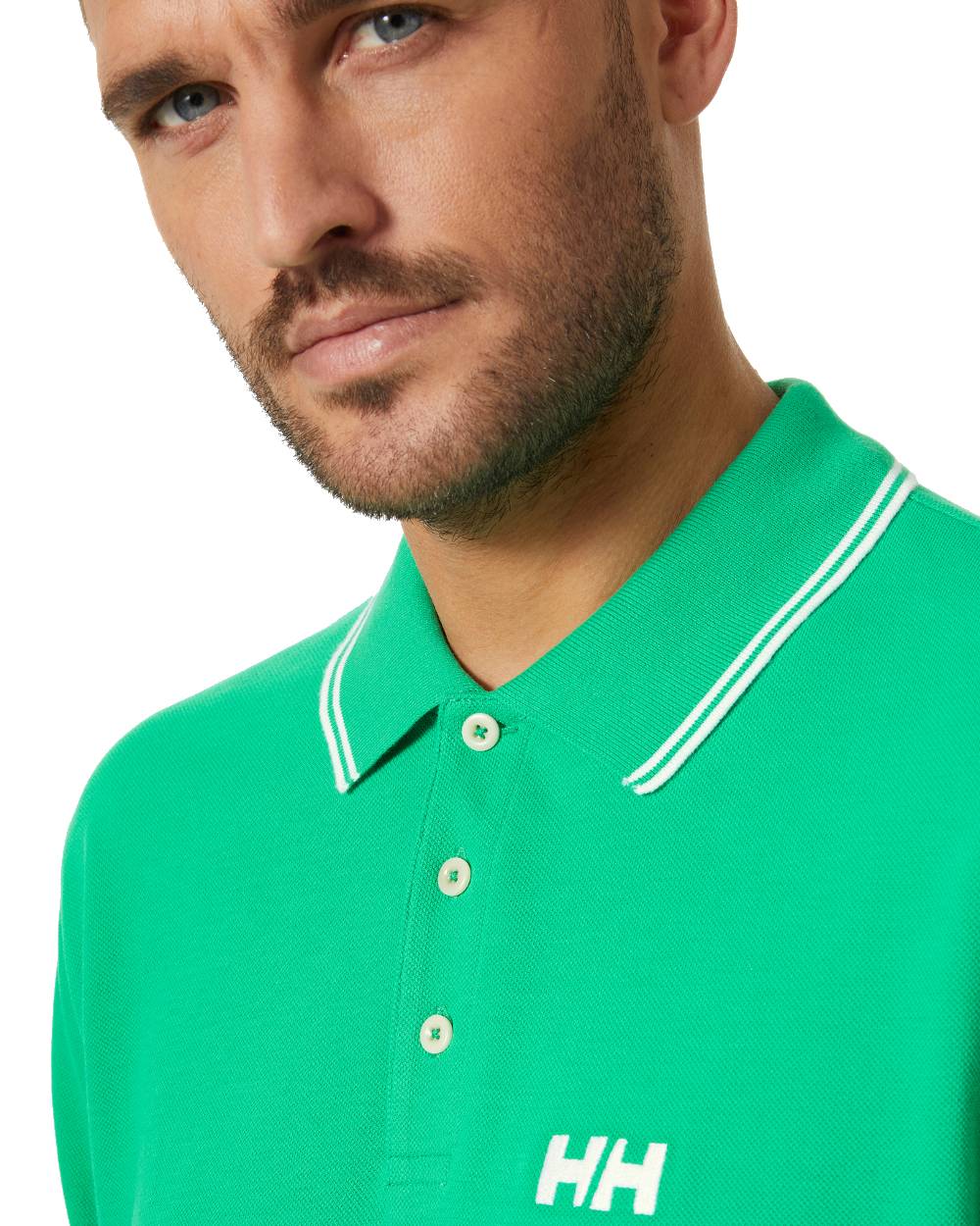 Bright green coloured Helly Hansen Mens Genova Polo T-Shirt on white background 