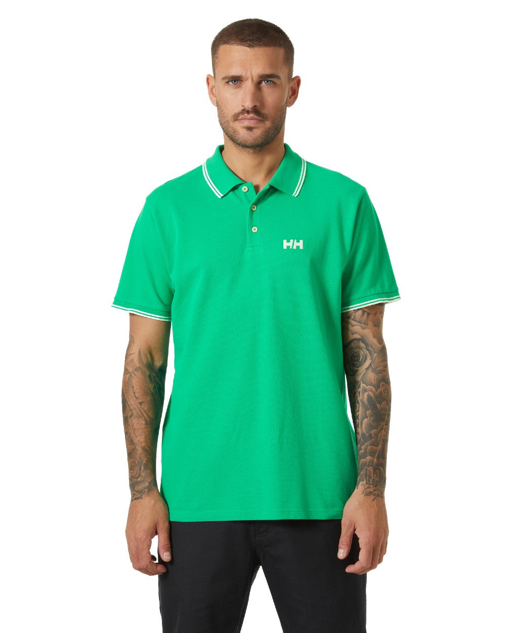 Bright green coloured Helly Hansen Mens Genova Polo T-Shirt on white background 