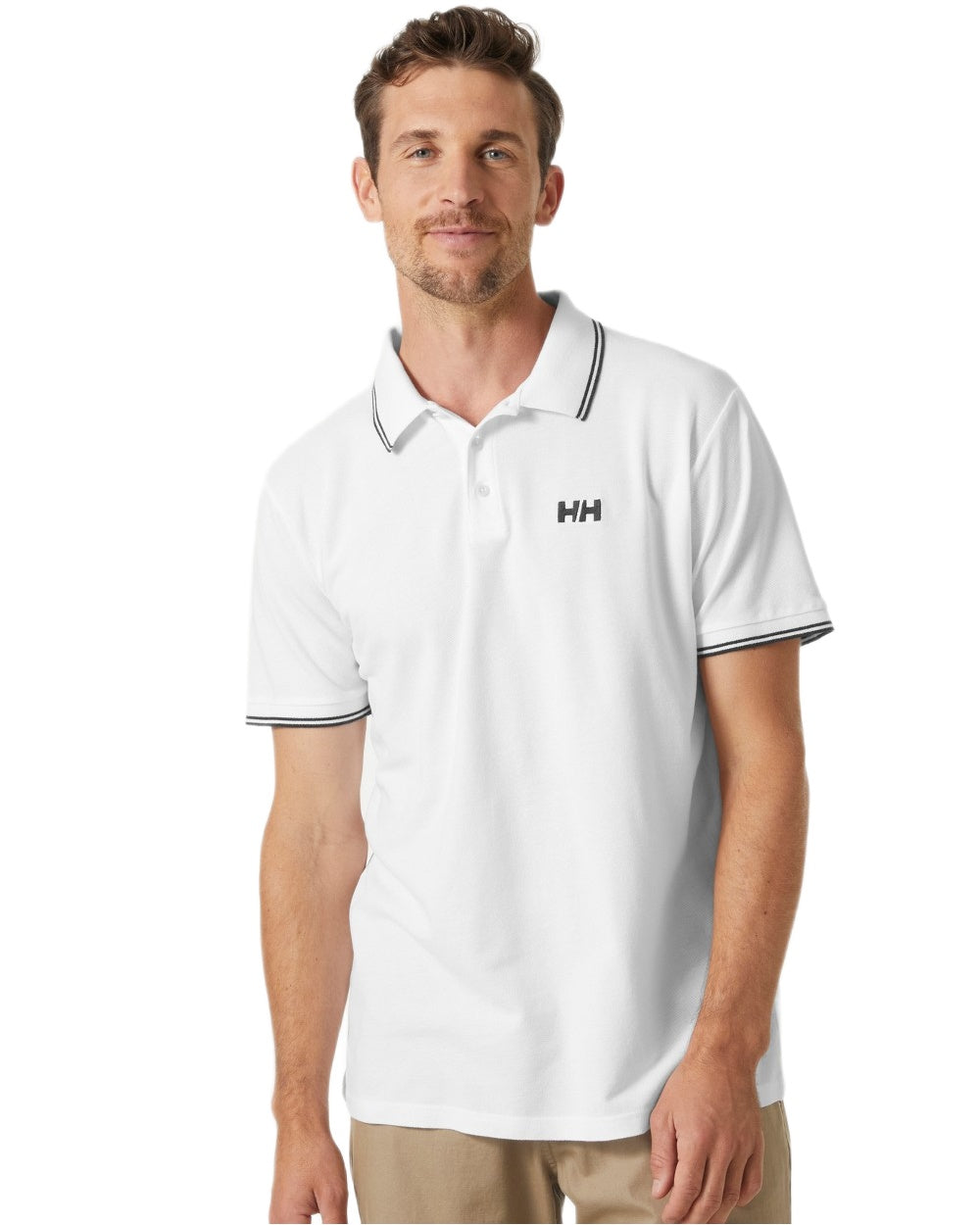 White coloured Helly Hansen Mens Genova Polo T-Shirt on white background