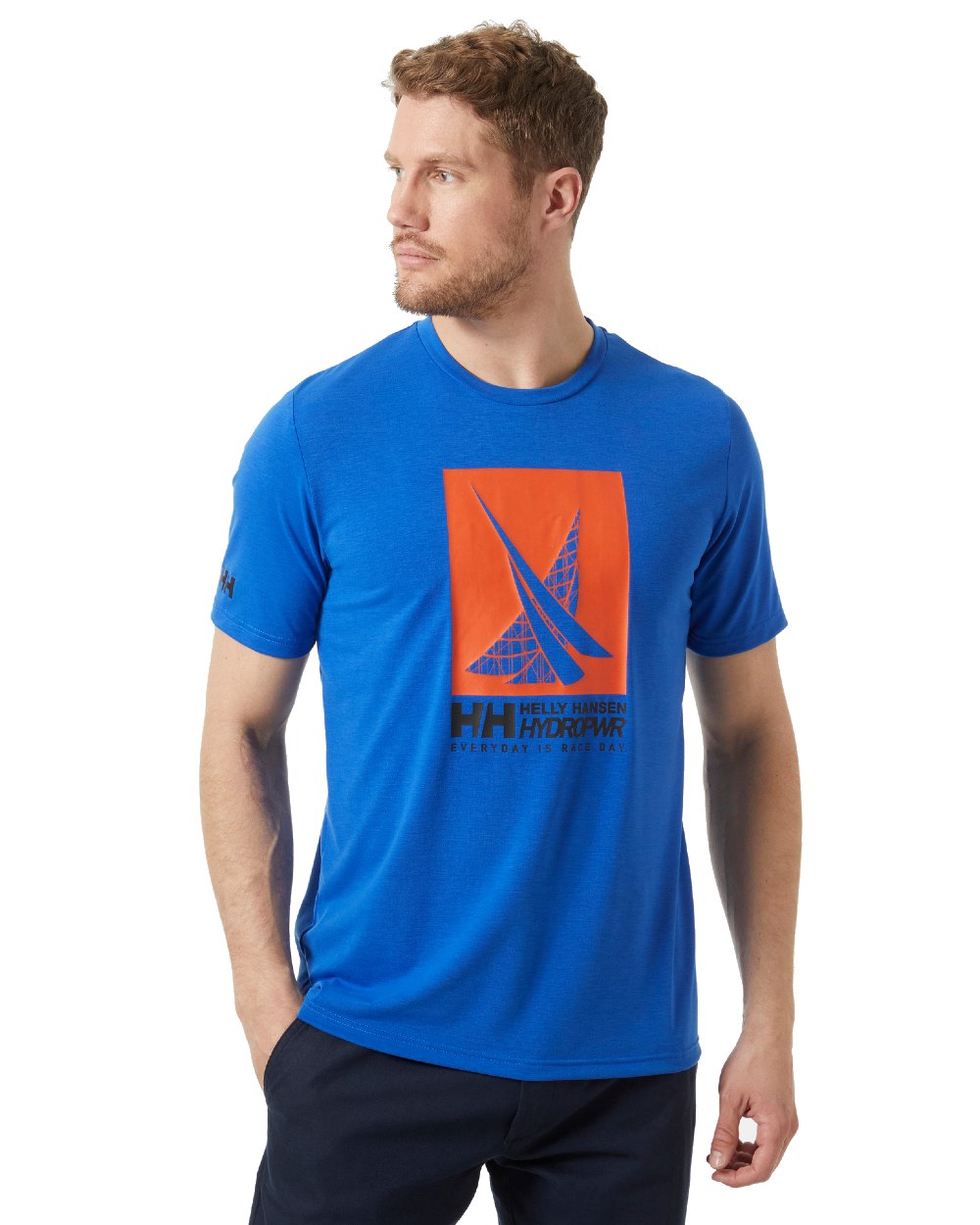 Cobalt 2.0 coloured Helly Hansen Mens HP Race Sailing Graphic T-shirt on white background 