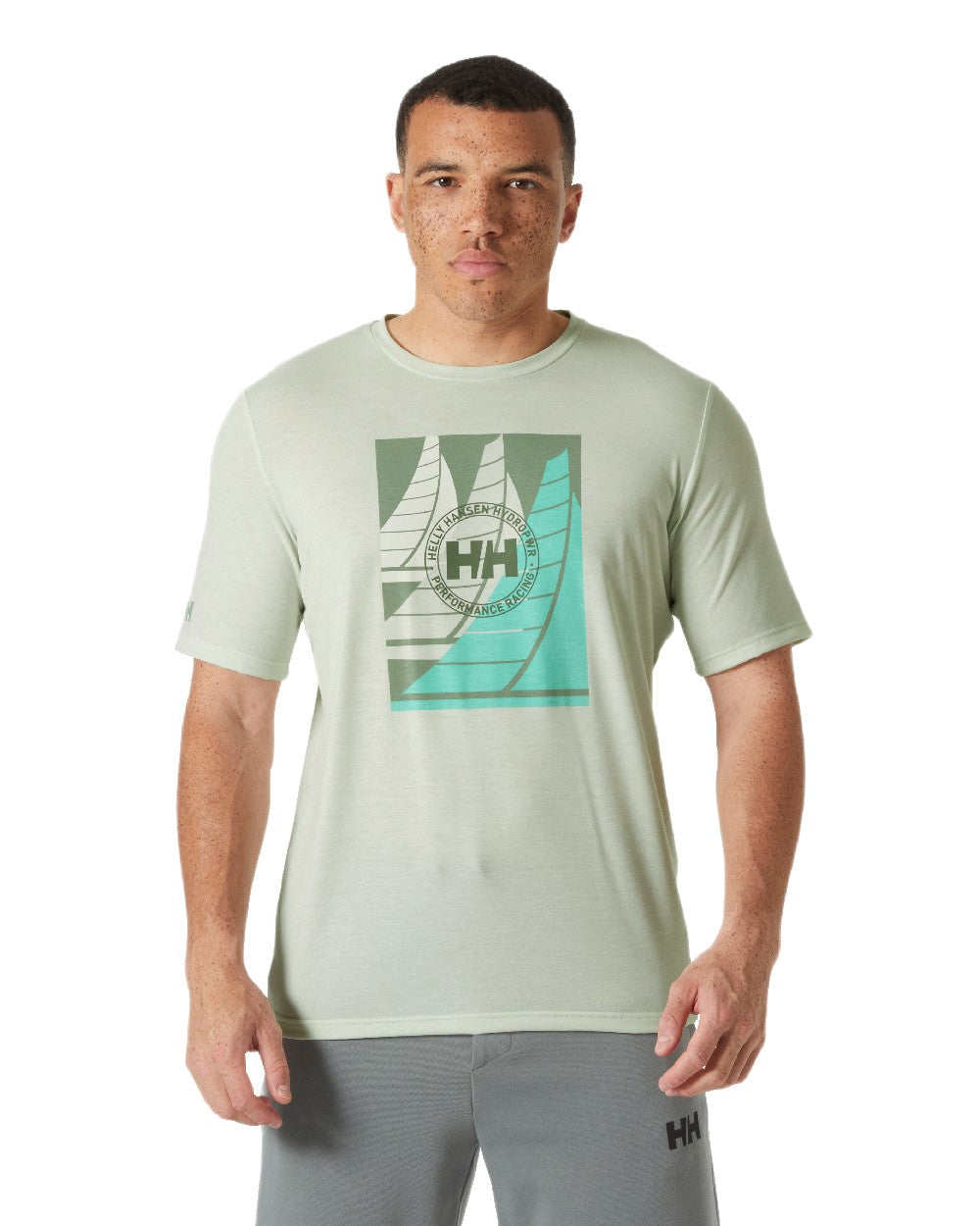 Seafoam Coloured Helly Hansen Mens HP Race Sailing Graphic T-Shirt on White Background