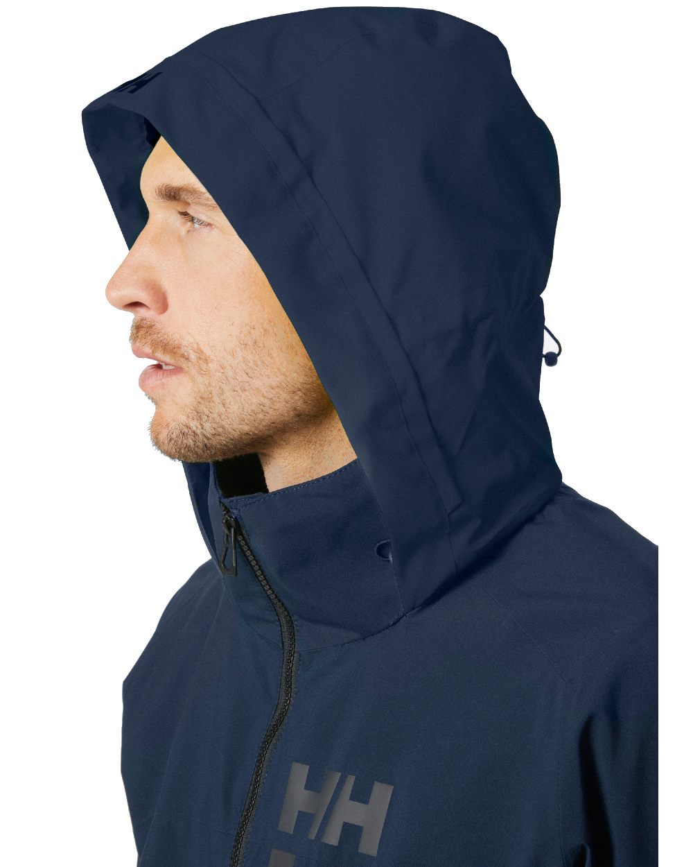 Navy coloured Helly Hansen Mens HP Racing Hooded Sailing Jacket on white background 