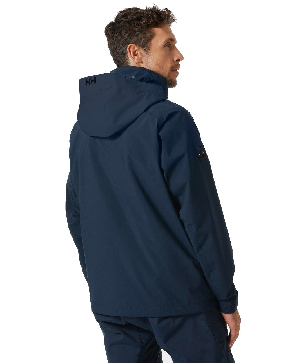 Navy coloured Helly Hansen Mens HP Racing Hooded Sailing Jacket on white background 