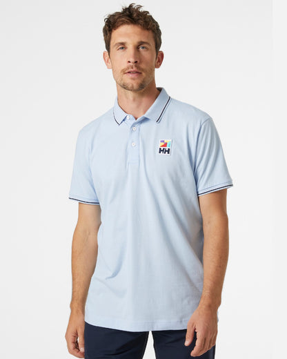 Pinnacle Blue coloured Helly Hansen Mens Jersey Polo Shirt on grey background 