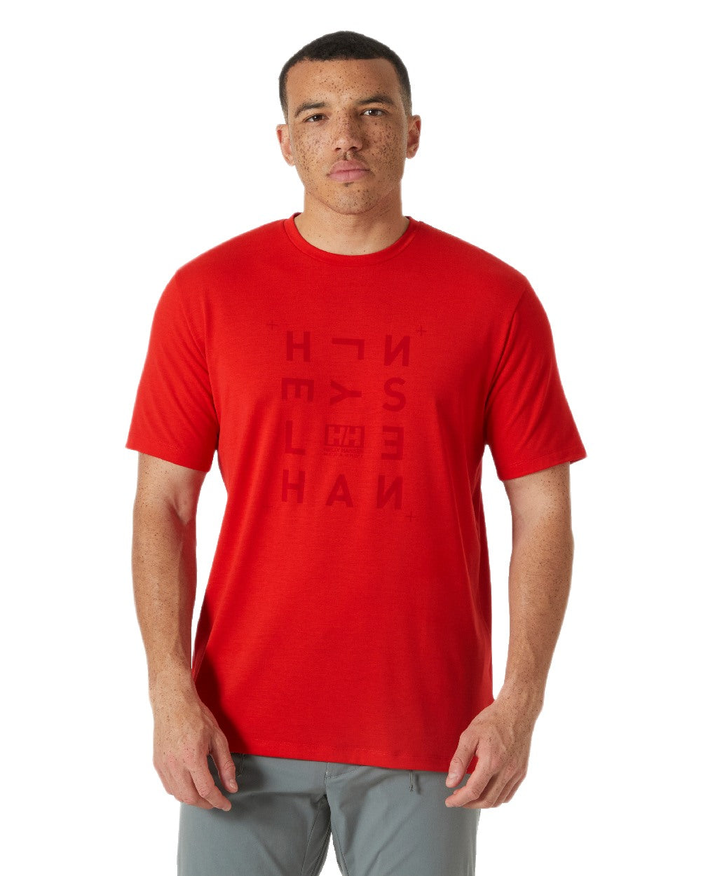 Alert Red Coloured Helly Hansen Mens Skog Recycled Graphic T-Shirt on White Background