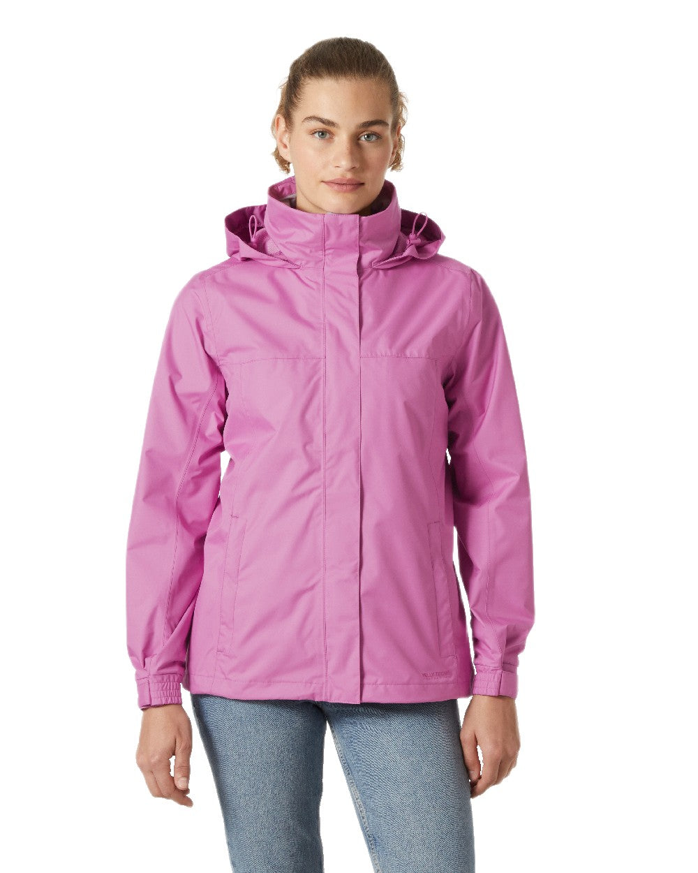 Meta Pink Coloured Helly Hansen Womens Aden Rain Jacket on White Background