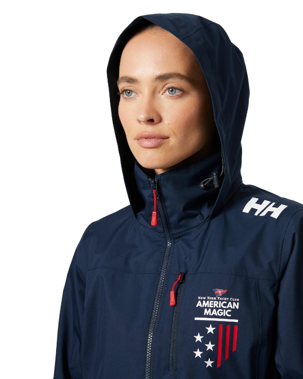 Navy coloured Helly Hansen Womens American Magic Crew Hooded Jacket 2.0 on white background 