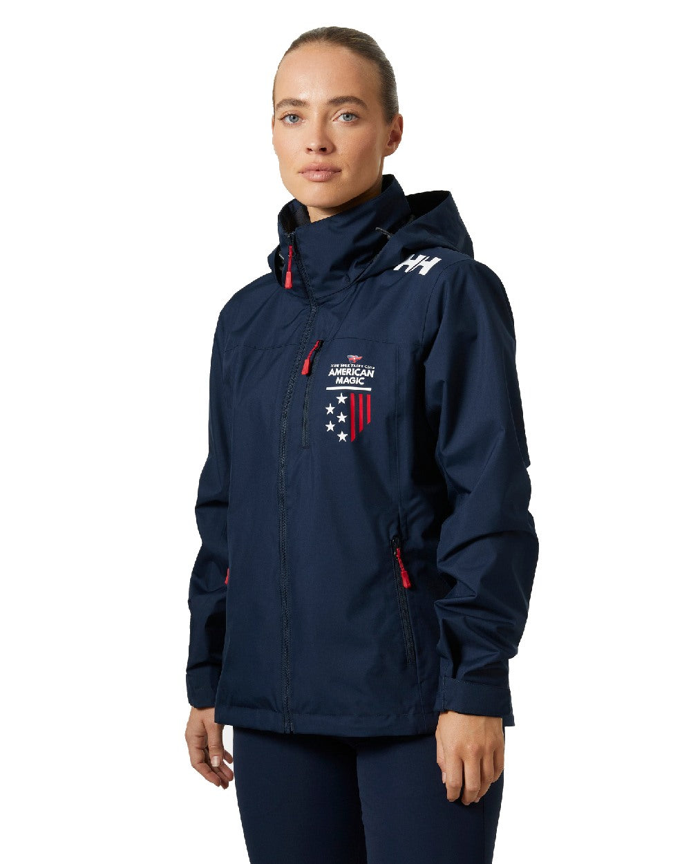 Navy coloured Helly Hansen Womens American Magic Crew Hooded Jacket 2.0 on white background 