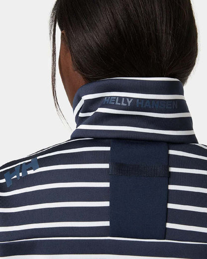 Navy Stripe coloured Helly Hansen Womens Crew Fleece Jacket on grey background 