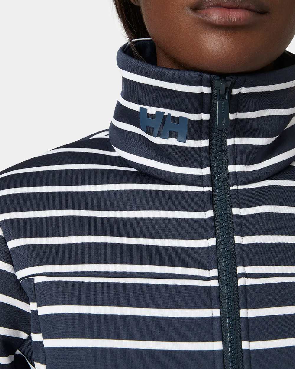 Navy Stripe coloured Helly Hansen Womens Crew Fleece Jacket on grey background