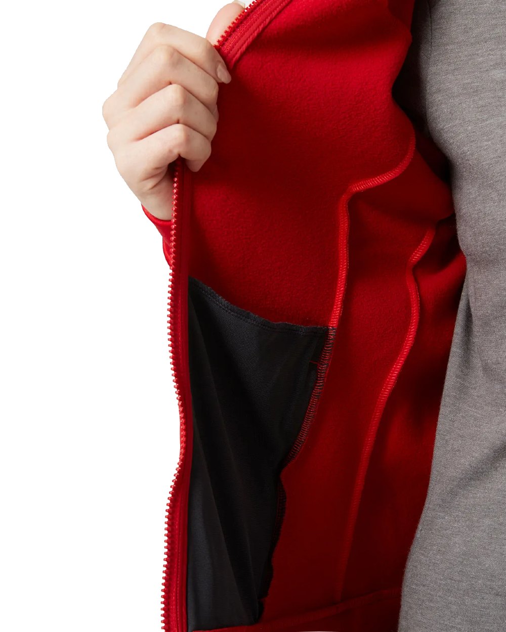 Red coloured Helly Hansen Womens Crew Fleece Jacket on white background