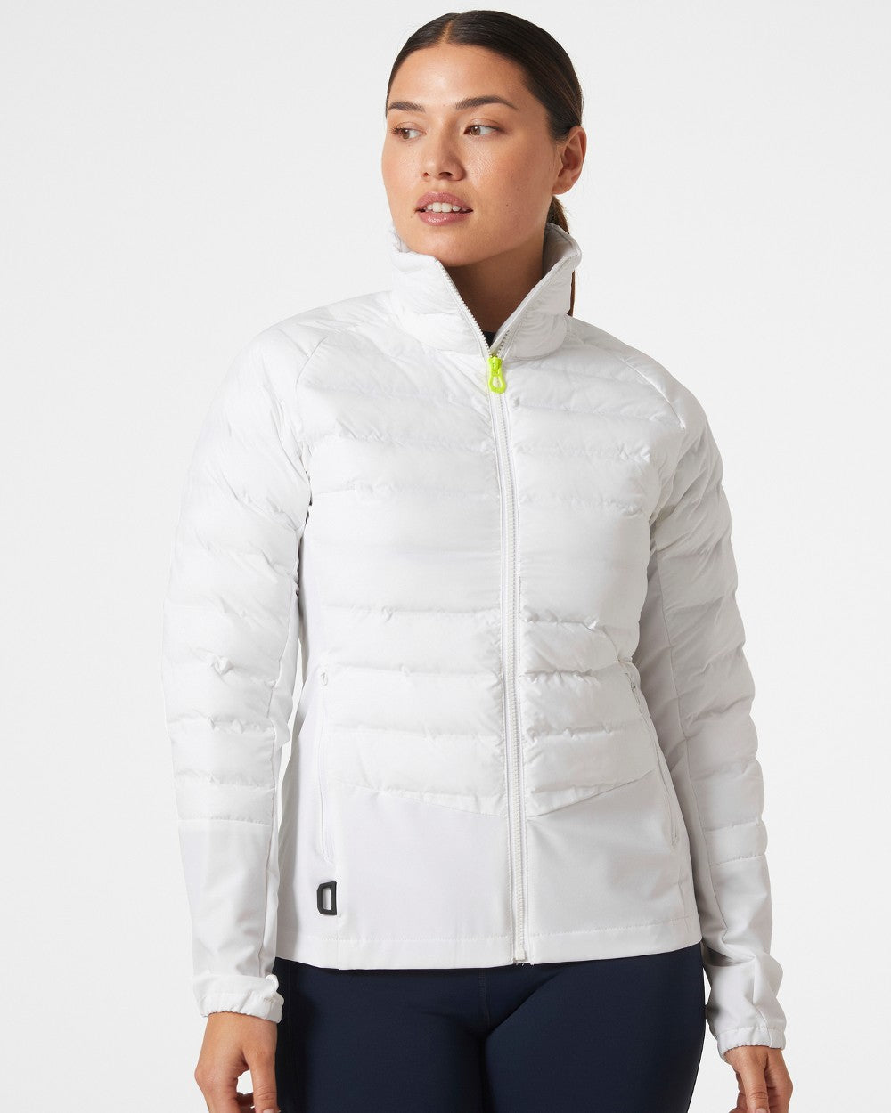 White coloured Helly Hansen Womens HP Hybrid Insulator Jacket 2.0 on grey background 