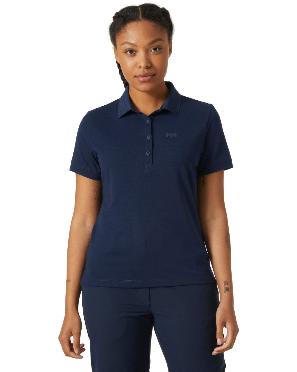 Navy coloured Helly Hansen Womens Siren Quick Dry Polo T-shirt on white background