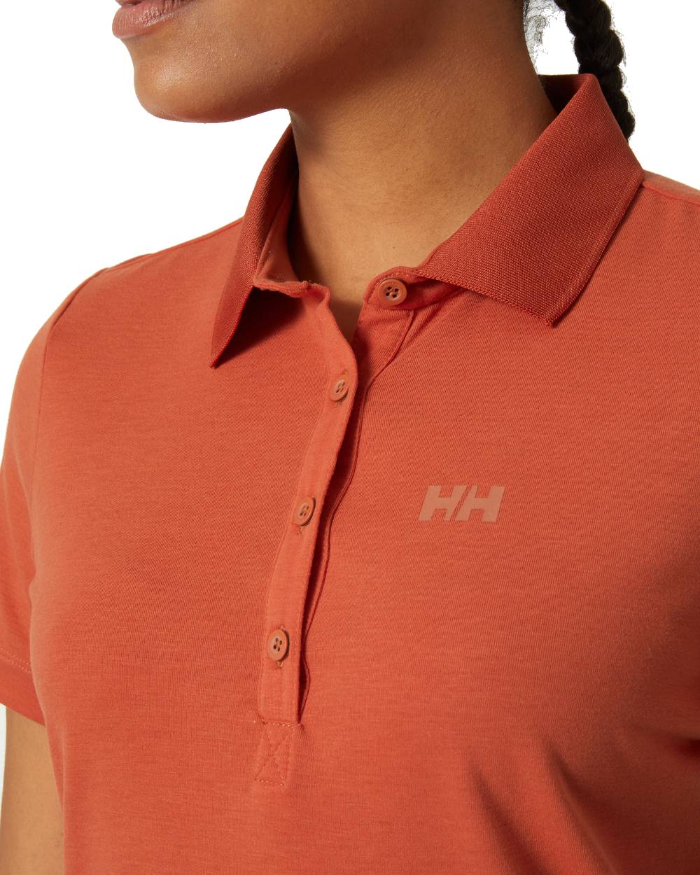 Terracotta coloured Helly Hansen Womens Siren Quick Dry Polo T-shirt on white background