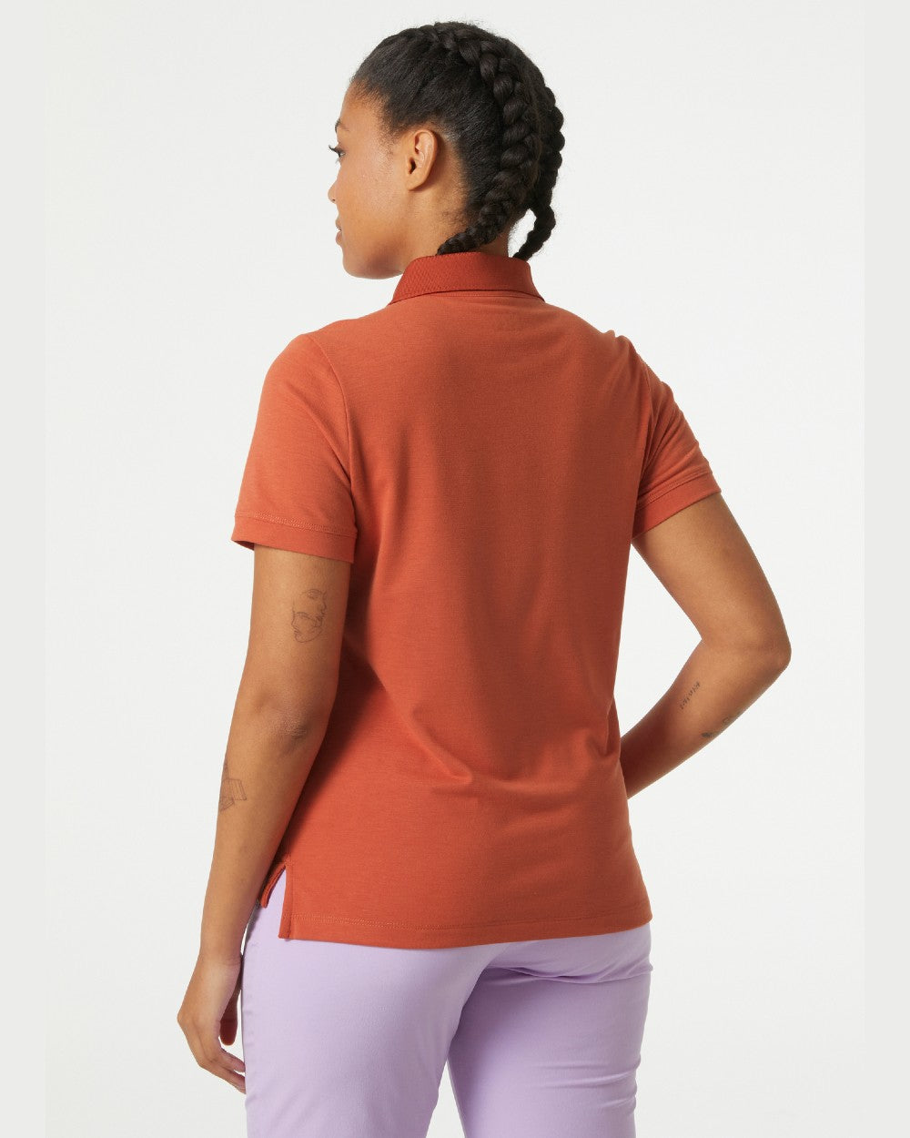 Terracotta coloured Helly Hansen Womens Siren Quick Dry Polo T-shirt on grey background