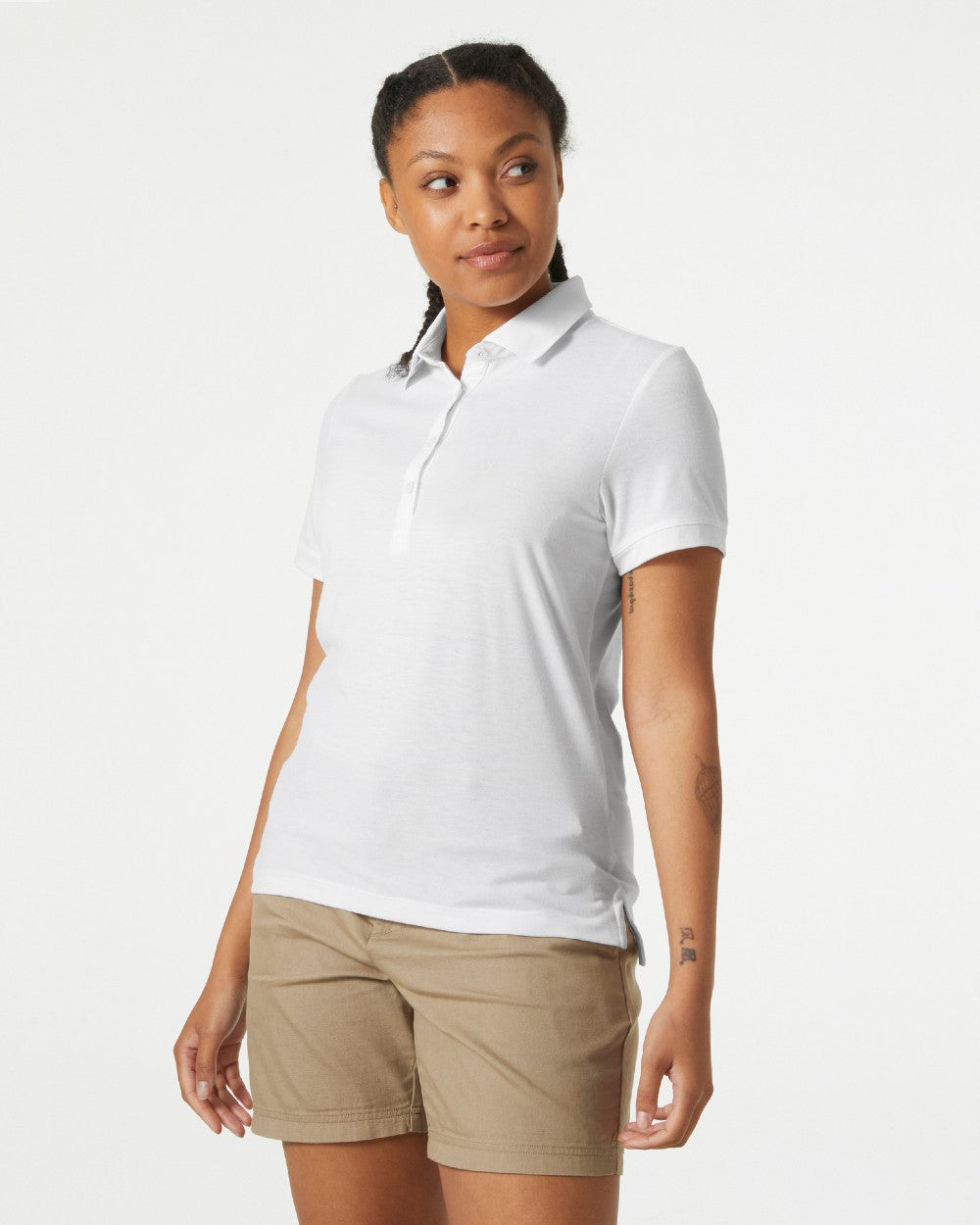 White coloured Helly Hansen Womens Siren Quick Dry Polo T-shirt on grey background