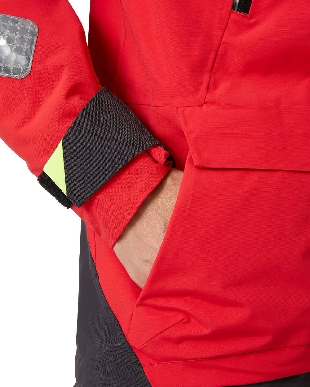 Alert red coloured Helly Hansen Womens Skagen Offshore Sailing Jacket on white background