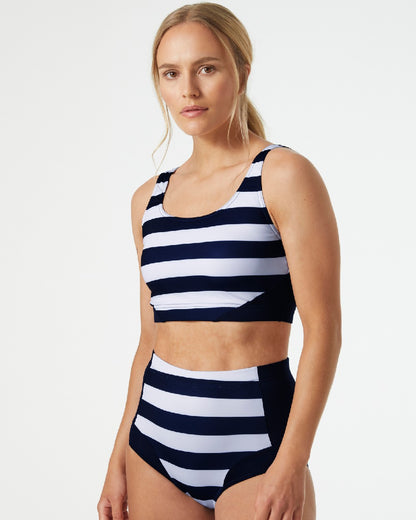 Navy Stripe coloured Helly Hansen Womens Waterwear High Waist Bottom on grey background 