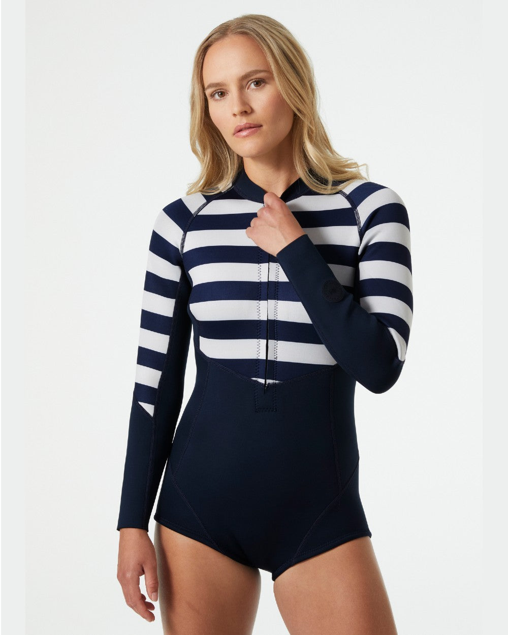 Navy Stripe coloured Helly Hansen Womens Waterwear Long Sleeve Wetsuit on grey background 