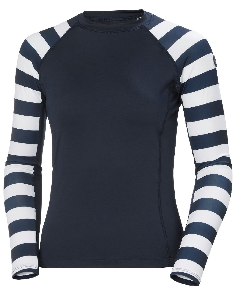 Navy Stripe coloured Helly Hansen Womens Waterwear Rashguard on white background 
