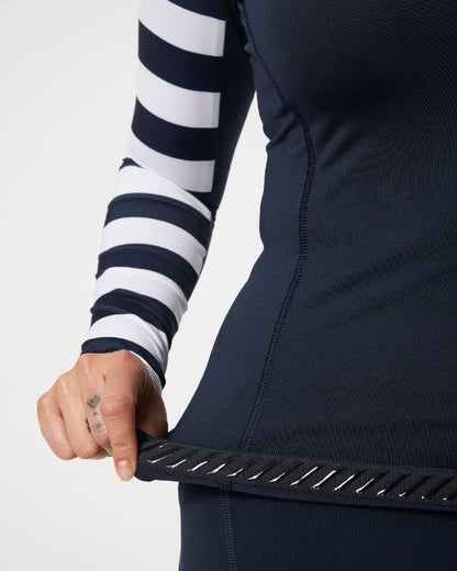 Navy Stripe coloured Helly Hansen Womens Waterwear Rashguard on grey background 