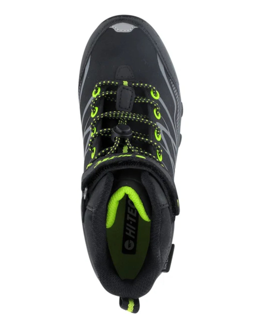 Black Lime Coloured Hi-Tec Childrens Blackout Mid Boots On A White Background