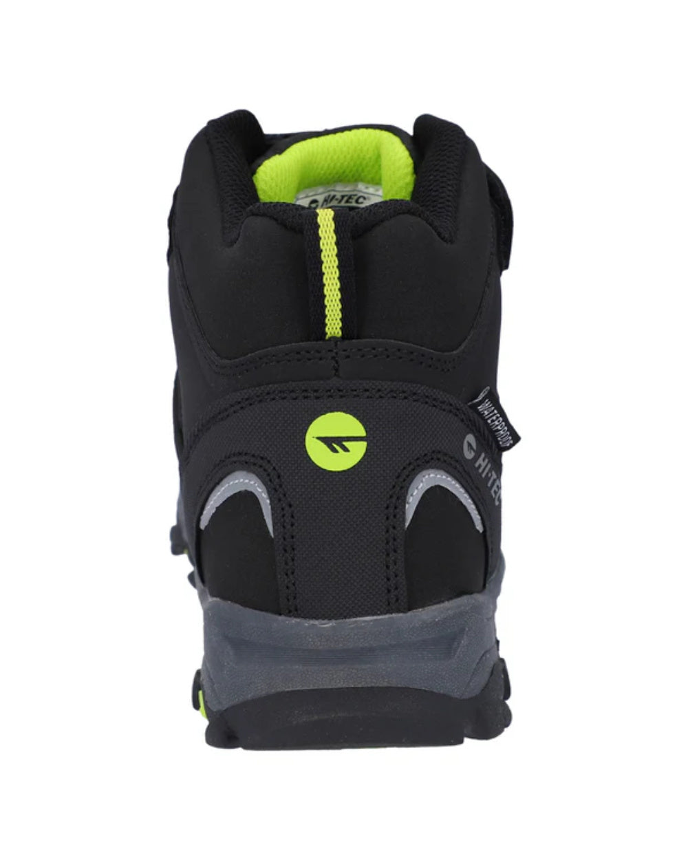 Black Lime Coloured Hi-Tec Childrens Blackout Mid Boots On A White Background
