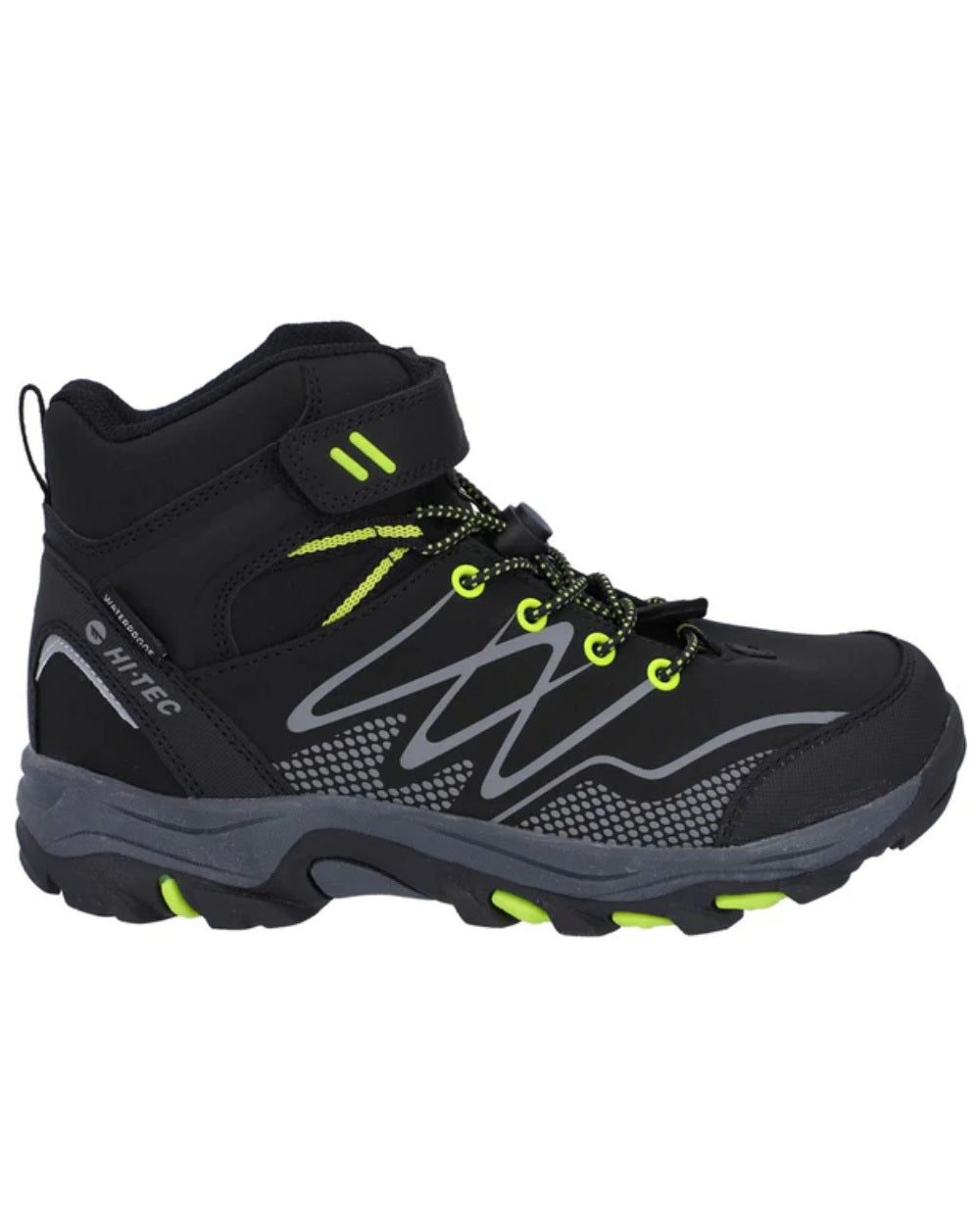 Black Lime Coloured Hi-Tec Childrens Blackout Mid Boots On A White Background