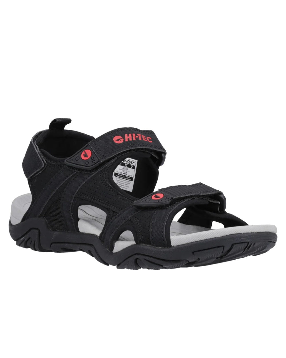 Black Grey Red Coloured Hi-Tec Crater Sandals On A White Background