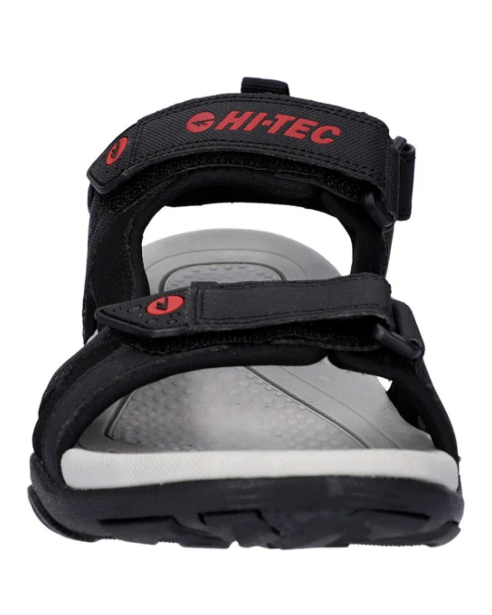 Black Grey Red Coloured Hi-Tec Crater Sandals On A White Background