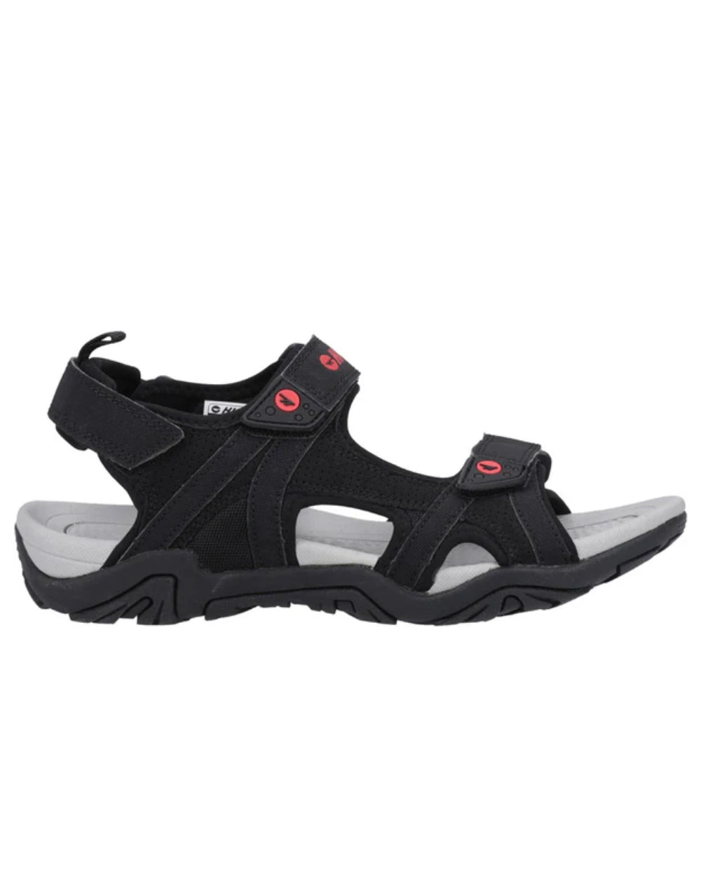 Black Grey Red Coloured Hi-Tec Crater Sandals On A White Background