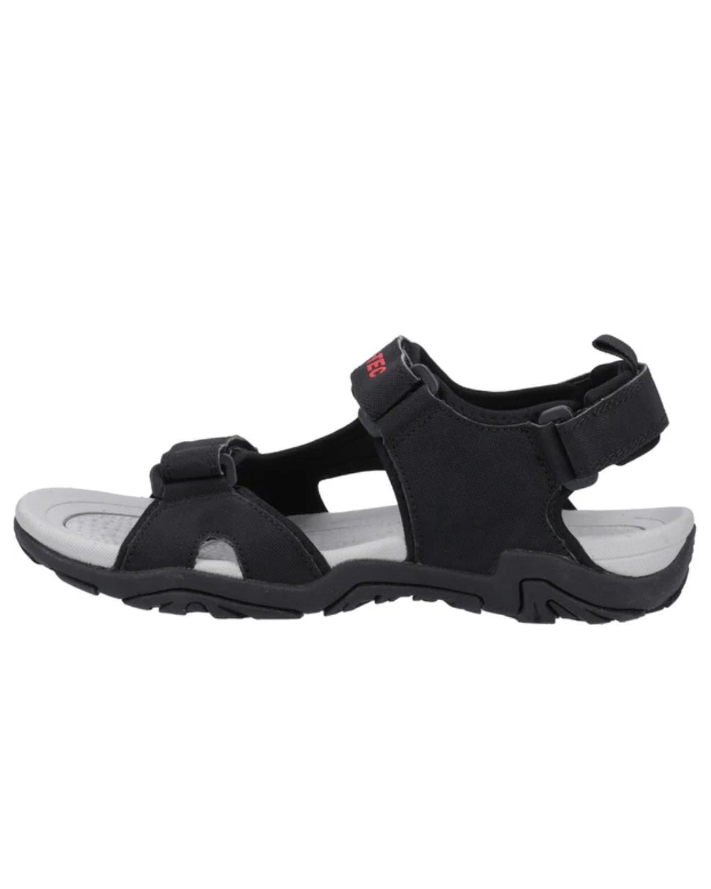 Black Grey Red Coloured Hi-Tec Crater Sandals On A White Background
