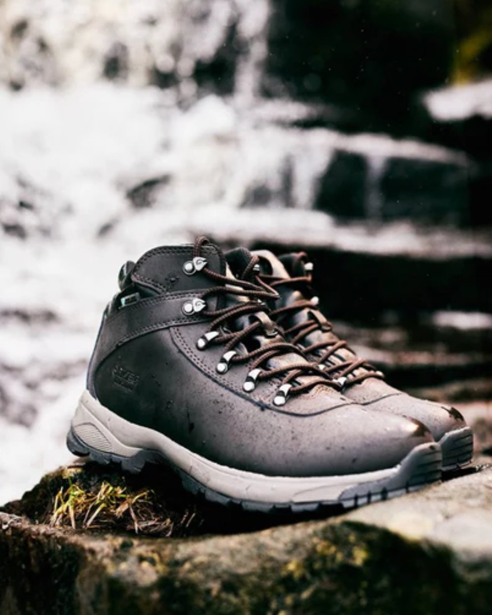 Dark Chocolate Coloured Hi-Tec Eurotrek Lite Waterproof Hiking Boots On A Waterfall Background