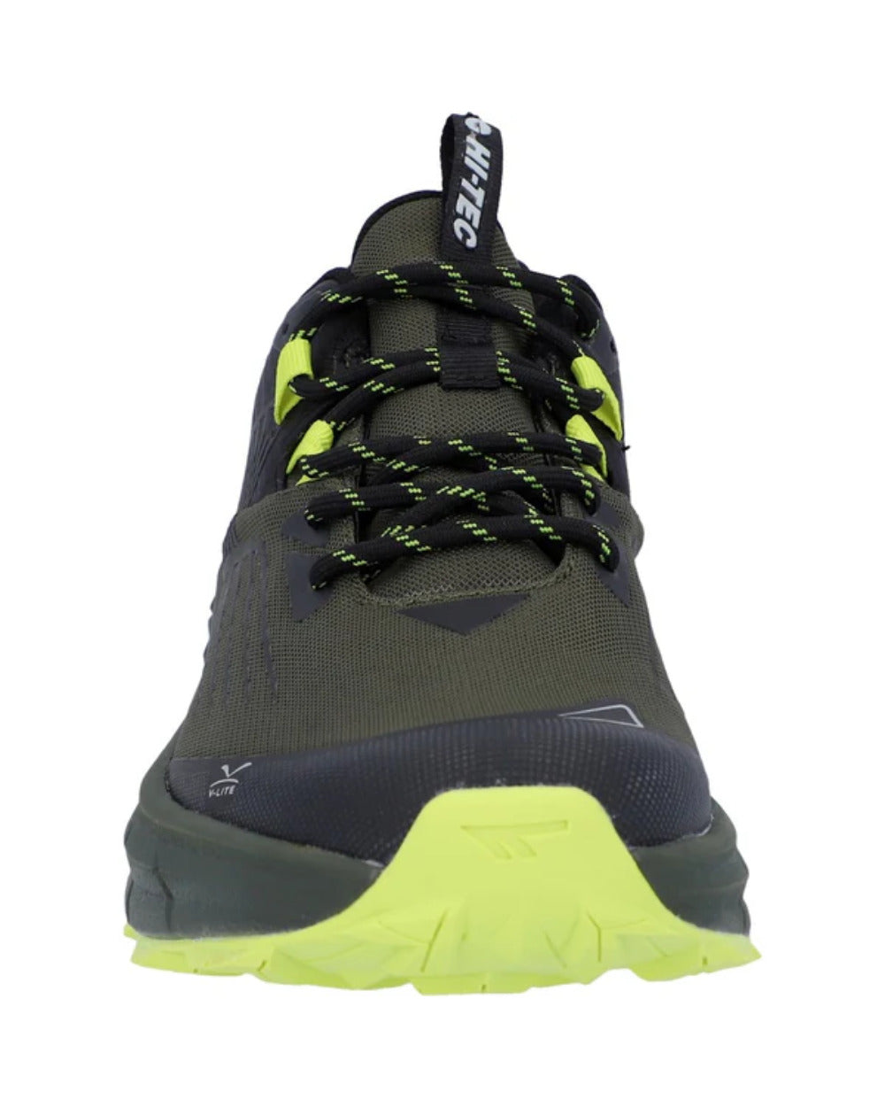 Black Olive Coloured Hi-Tec Mens Fuse Trail Low Trainers On A White Background