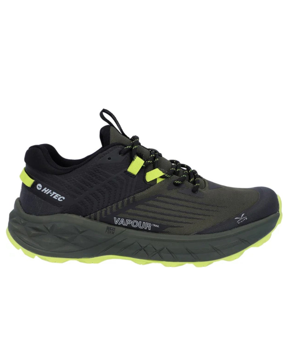 Black Olive Coloured Hi-Tec Mens Fuse Trail Low Trainers On A White Background
