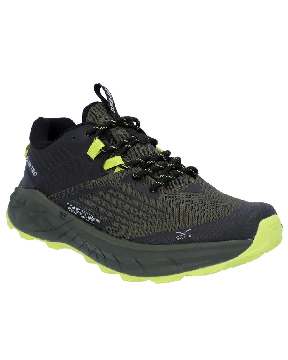 Black Olive Coloured Hi-Tec Mens Fuse Trail Low Trainers On A White Background