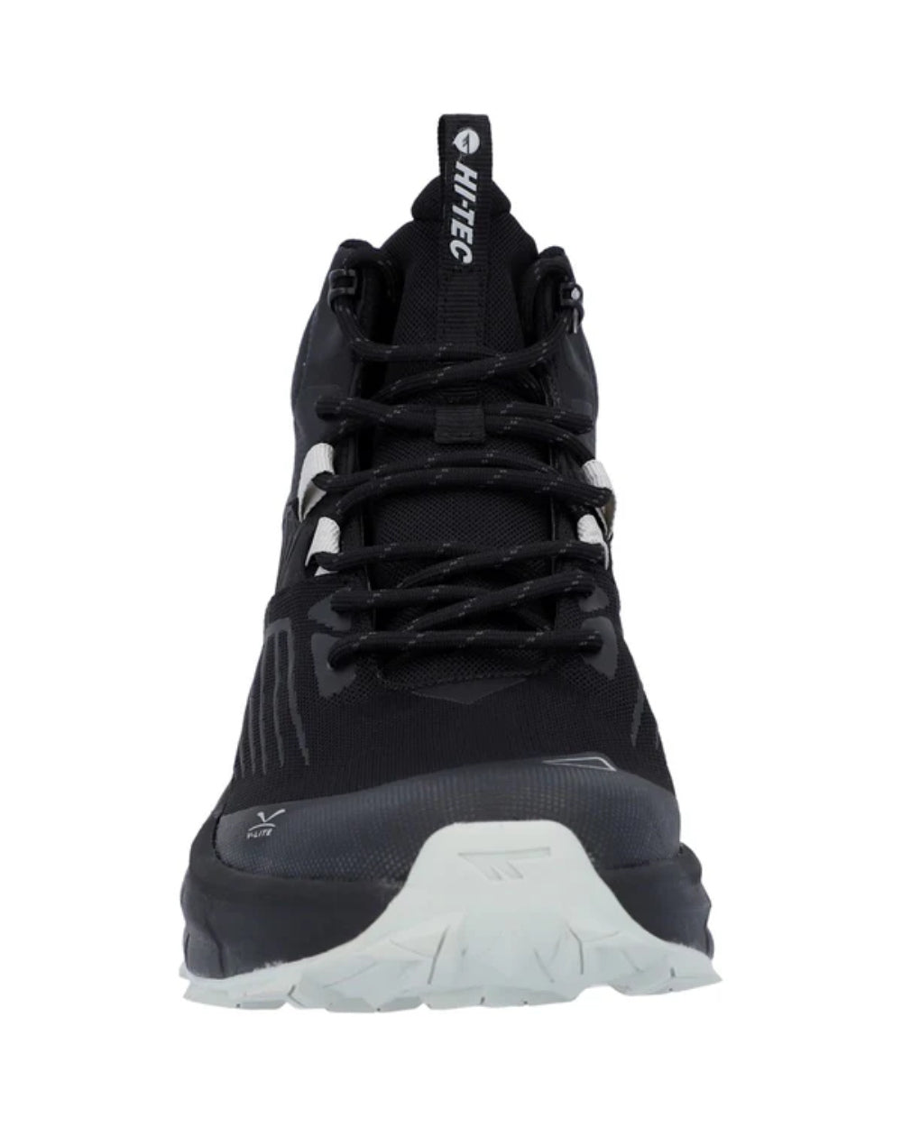Black Grey Coloured Hi-Tec Mens Fuse Trail Mid Waterproof Trainers On A White Background