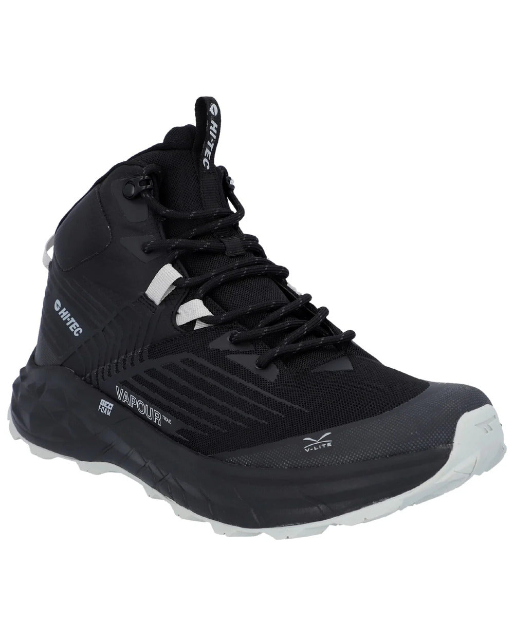 Black Grey Coloured Hi-Tec Mens Fuse Trail Mid Waterproof Trainers On A White Background