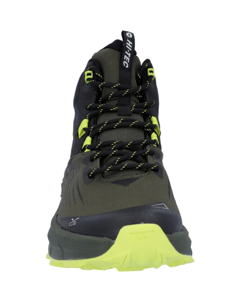 Black Olive Coloured Hi-Tec Mens Fuse Trail Mid Waterproof Trainers On A White Background