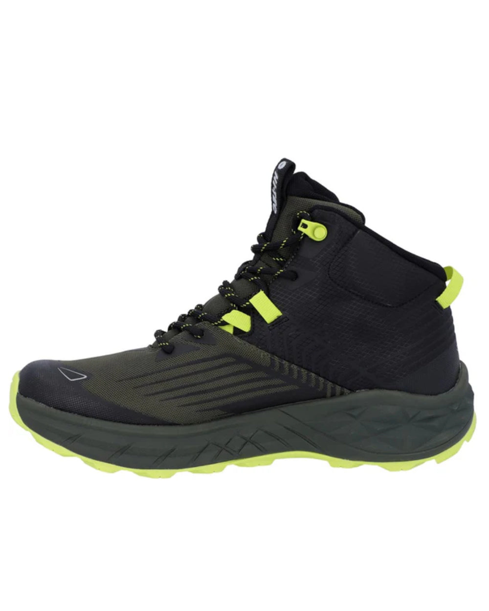 Black Olive Coloured Hi-Tec Mens Fuse Trail Mid Waterproof Trainers On A White Background