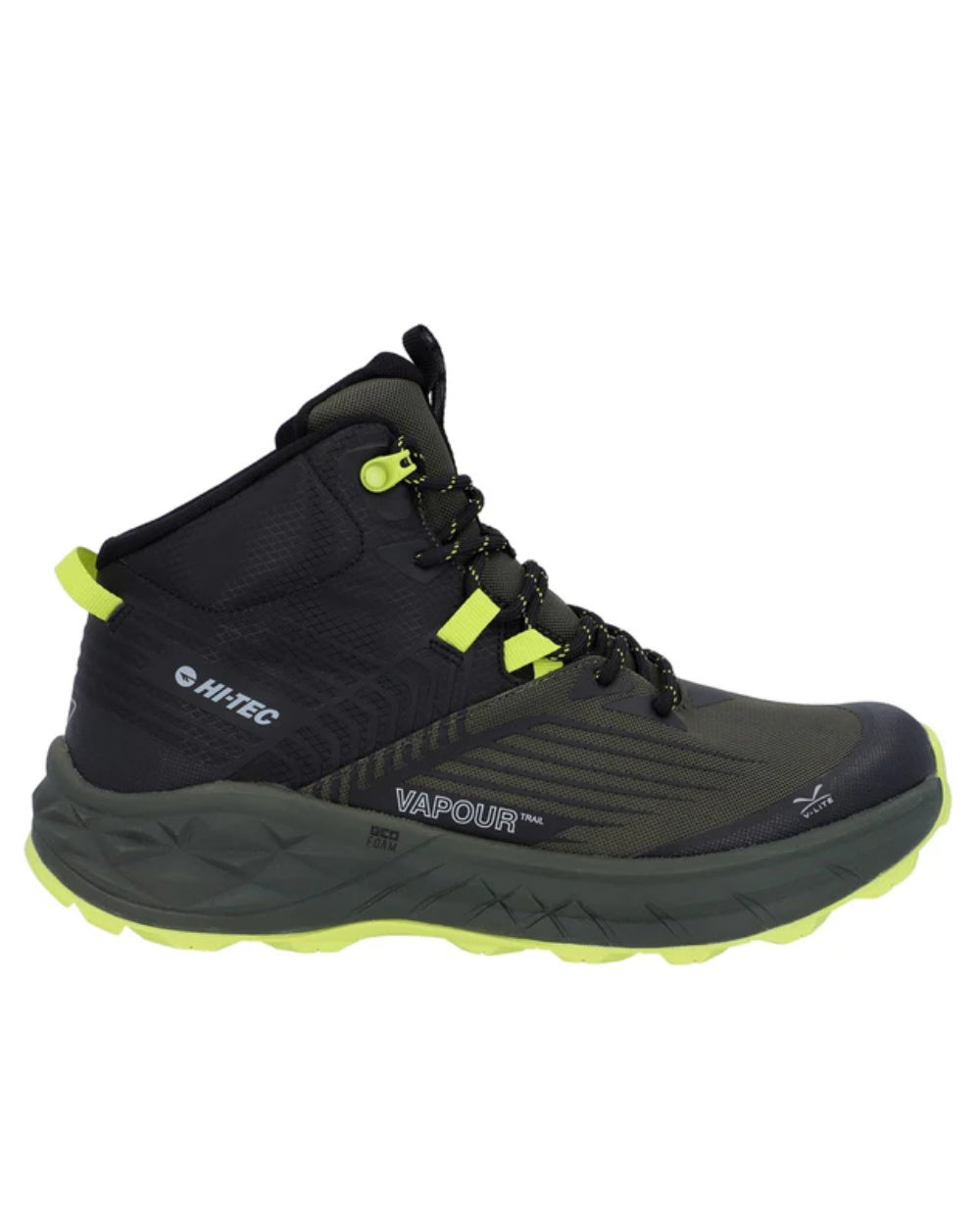 Black Olive Coloured Hi-Tec Mens Fuse Trail Mid Waterproof Trainers On A White Background